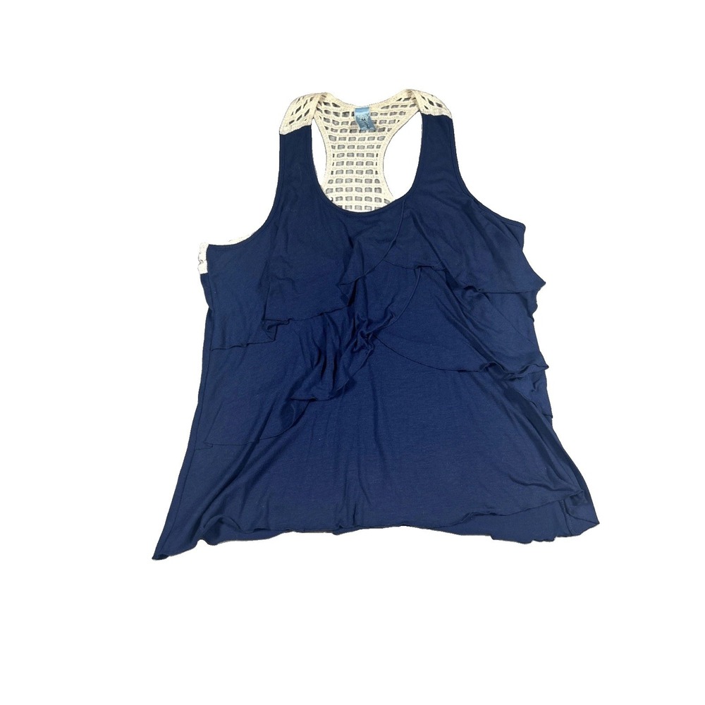 M. Fasis Navy Blue Ruffle Front Tank Top Crochet Back Womens Large 15JUN140